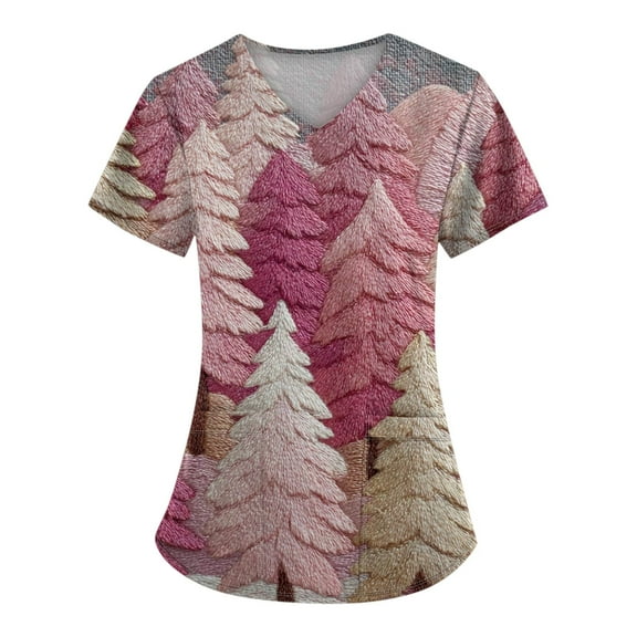 Dwellite Christmas Scrub Tops for Women Plus Size Short Sleeve V-Neck Fun Xmas Printed Scrub Top 2025 Holiday Medical Nursing Uniforms Pink 5XL