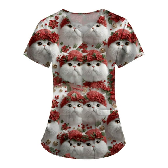Dwellite Christmas Scrub Tops for Women Plus Size Short Sleeve V-Neck Fun Xmas Printed Scrub Top 2025 Holiday Medical Nursing Uniforms Red 5XL