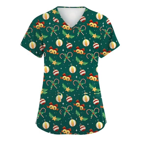 Dwellite Christmas Scrub Tops for Women Plus Size Short Sleeve V-Neck Funny Printed Scrub Top 2025 Holiday Medical Nursing Uniforms Dark Green 5XL