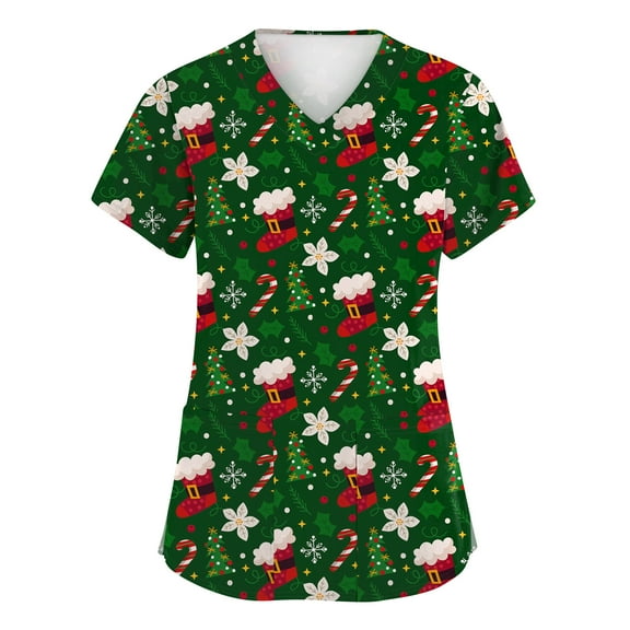 Dwellite Christmas Scrub Tops for Women Plus Size Short Sleeve V-Neck Funny Printed Scrub Top 2025 Holiday Medical Nursing Uniforms Green L