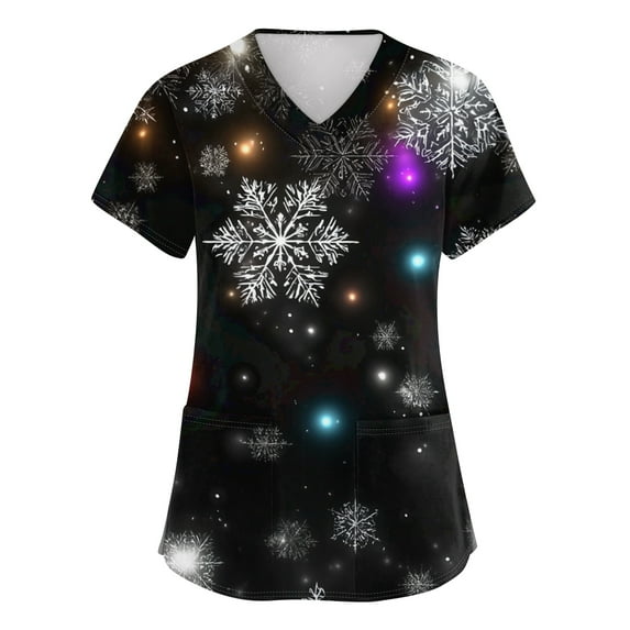 Dwellite Christmas Scrubs Tops for Women Plus Size Stretchy Short Sleeve V Neck Snowman Printed Nurse Scrub Medical Uniform Black XL