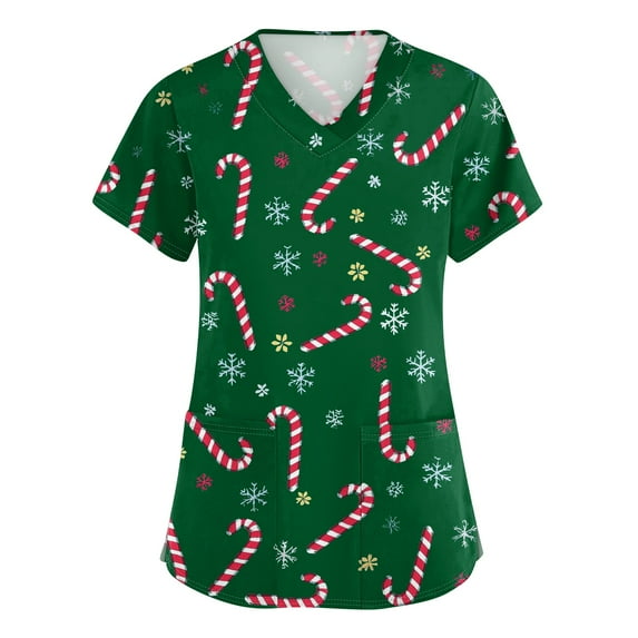 Dwellite Christmas Scrubs Tops for Women Plus Size Stretchy Short Sleeve V Neck Snowman Printed Nurse Scrub Medical Uniform Bronze L