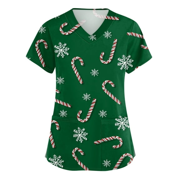 Dwellite Christmas Scrubs Tops for Women Plus Size Stretchy Short Sleeve V Neck Snowman Printed Nurse Scrub Medical Uniform Cyan M