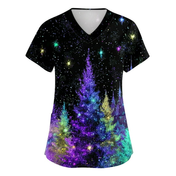 Dwellite Christmas Scrubs Tops for Women Plus Size Stretchy Short Sleeve V Neck Snowman Printed Nurse Scrub Medical Uniform Light Blue 5XL