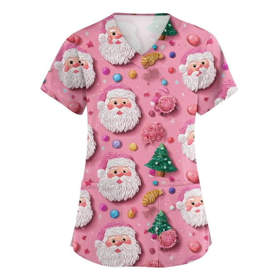 Dwellite Christmas Scrubs Tops for Women Plus Size Stretchy Short Sleeve V Neck Snowman Printed Nurse Scrub Medical Uniform Pink 2XL