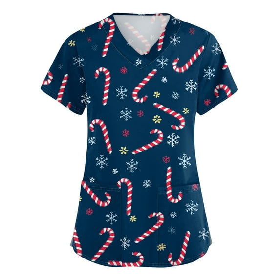 Dwellite Christmas Scrubs Tops for Women Plus Size Stretchy Short Sleeve V Neck Snowman Printed Nurse Scrub Medical Uniform Royal Blue 2XL