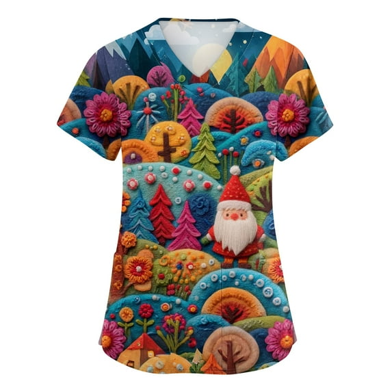 Dwellite Christmas Scrubs Tops for Women Plus Size Stretchy Short Sleeve V Neck Snowman Printed Nurse Scrub Medical Uniform Saffron 4XL