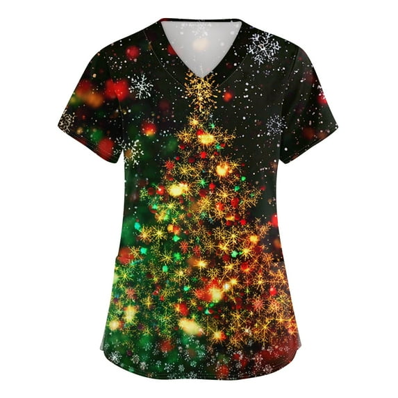 Dwellite Christmas Scrubs Tops for Women Plus Size Stretchy Short Sleeve V Neck Snowman Printed Nurse Scrub Medical Uniform Vermilion 4XL