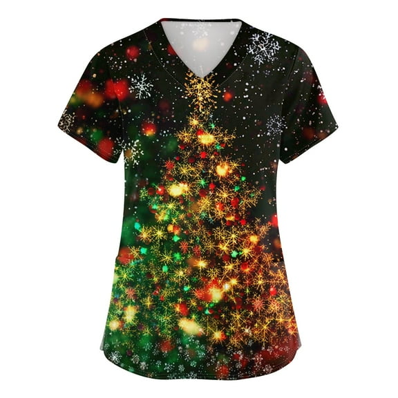 Dwellite Christmas Scrubs Tops for Women Plus Size Stretchy Short Sleeve V Neck Snowman Printed Nurse Scrub Medical Uniform Vermilion L