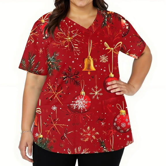 Dwellite Christmas Scrubs for Women Plus Size Nursing Uniforms V-Neck Short Sleeve Fun Printed Scrub Tops with Pockets Red S