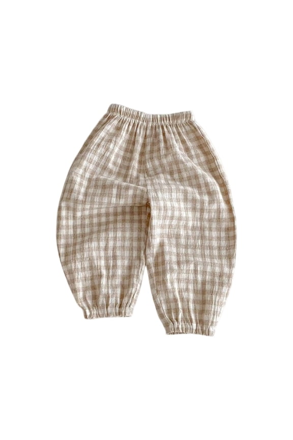 Classic Casual Pants for Girls Cotton Linen Striped Elastics Waist Spring Summer Trousers Toddler Long Pants Brown 90