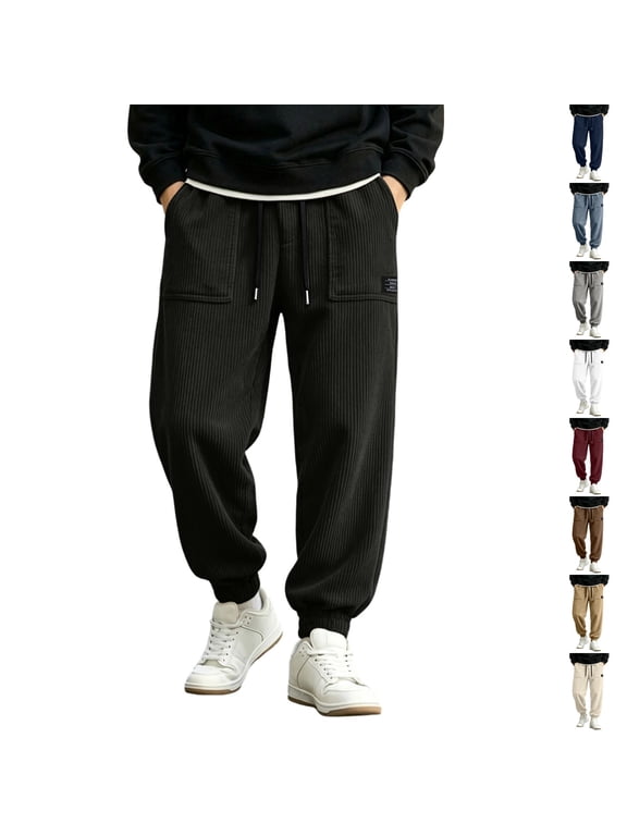 Corduroy Drawstring Sweatpants for Men Casual Joggers Relaxed Fit Pants Fall Winter Elastic Waist Cuffed Ankle Trousers Black 3XL