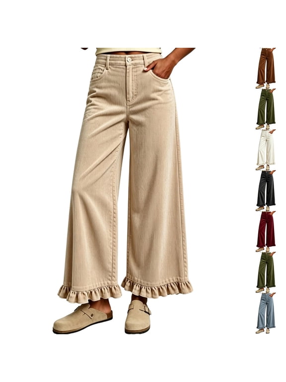 Corduroy Pants for Women Elastic Waist Baggy Ruffle Pants with Pockets Casual Palazzo Trousers for Fall Winter Beige M