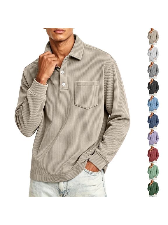 Corduroy Polo Shirt for Men Long Sleeve Casual Quarter Button Down Top Collar Oversized Pullover Retro Fall Tops with Pocket Light Purple 4XL