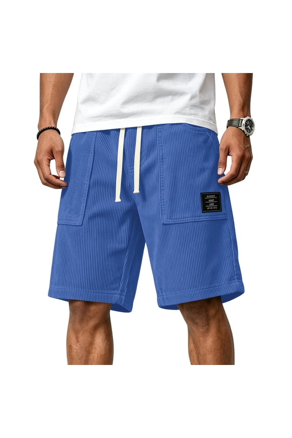 Corduroy Shorts for Men Casual Lightweight Shorts Elastic Waist Drawstring Summer Short with Pockets 2026 Blue L