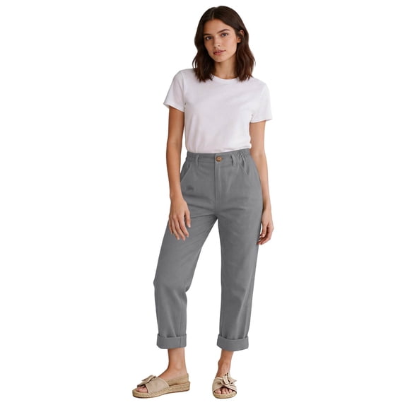 Dwellite Cotton Linen Pants Women Petite High Waisted Cropped Pants Summer Beach Length Straight Leg 2026 Gray L