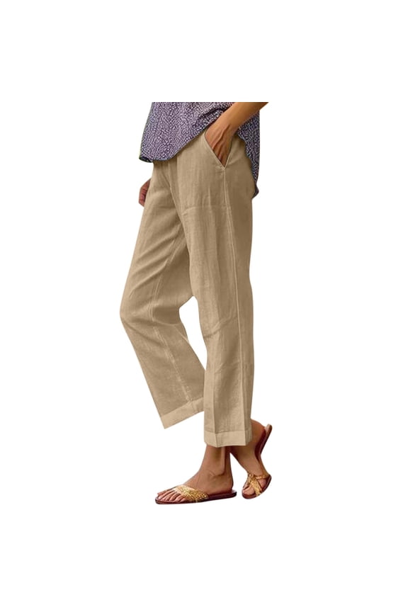 Cotton Linen Pants Women for Summer Dressy Casual Straight Leg Capri Pant Elastic Waist Beach Trousers with Pockets Khaki 4XL