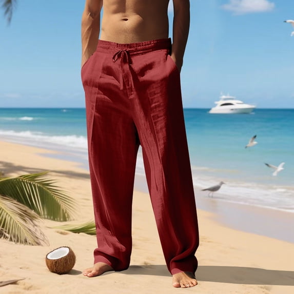 Dwellite Cotton Linen Pants for Men Casual Drawstring Loose Fit Summer Beach Pants Lightweight Trousers with Pockets Deep Red 3XL