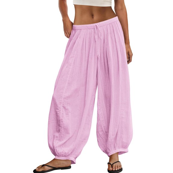 Dwellite Cotton Linen Pants for Women Lightweight Drawstring Elastic Waist Boho Summer Beach Vacation Pants with Pockets Pink S