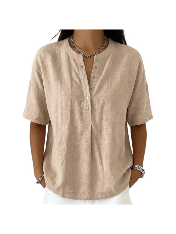 Cotton Linen Shirt for Womens Casual Short Sleeve Summer Top Fashion Solid Color Button Down Shirts Blouses Khaki S