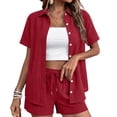 thumbnail image 1 of Dwellite Cotton Linen Short Sets 2 Piece Button Down Short Sleeve Shirts Cute Shorts Beach Vacation Lounge Matching Outfit Red L, 1 of 4
