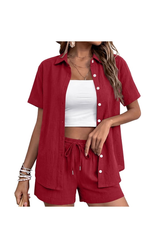 Cotton Linen Short Sets 2 Piece Button Down Short Sleeve Shirts Cute Shorts Beach Vacation Lounge Matching Outfit Red L