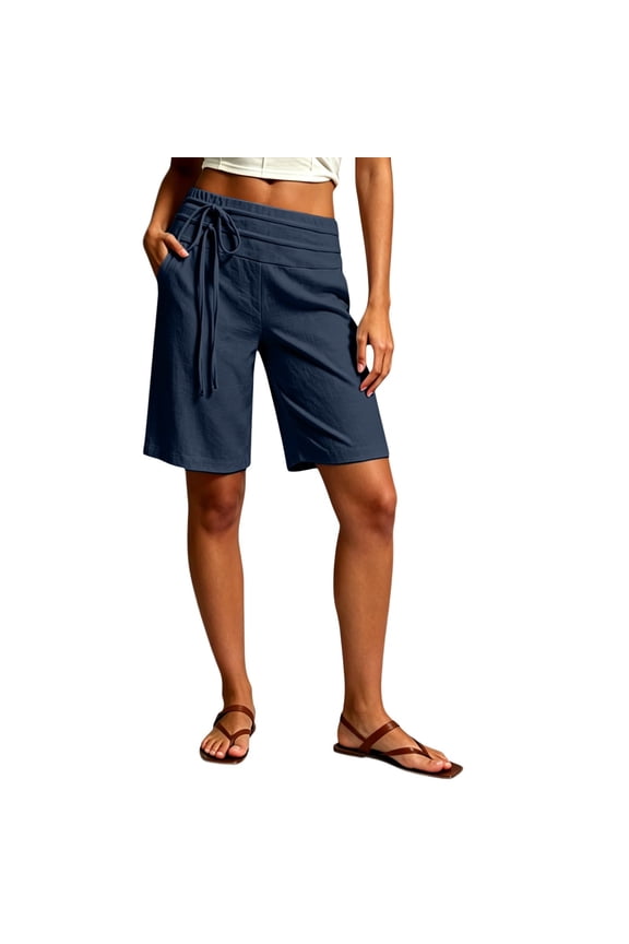 Cotton Linen Shorts for Women Palazzo Shorts Casual Elastic Waist Drawstring Flowy Loose Beach Travel Trousers Dark Blue S