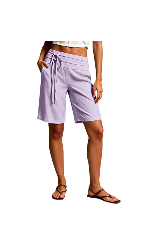 Cotton Linen Shorts for Women Palazzo Shorts Casual Elastic Waist Drawstring Flowy Loose Beach Travel Trousers Light Purple S