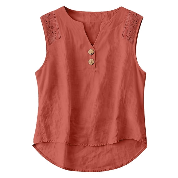 Dwellite Cotton Linen Tank Top for Women Lightweight V Neck Sleeveless Summer Shirts Loose Causal Eyelet Camisole 2026 Red XL