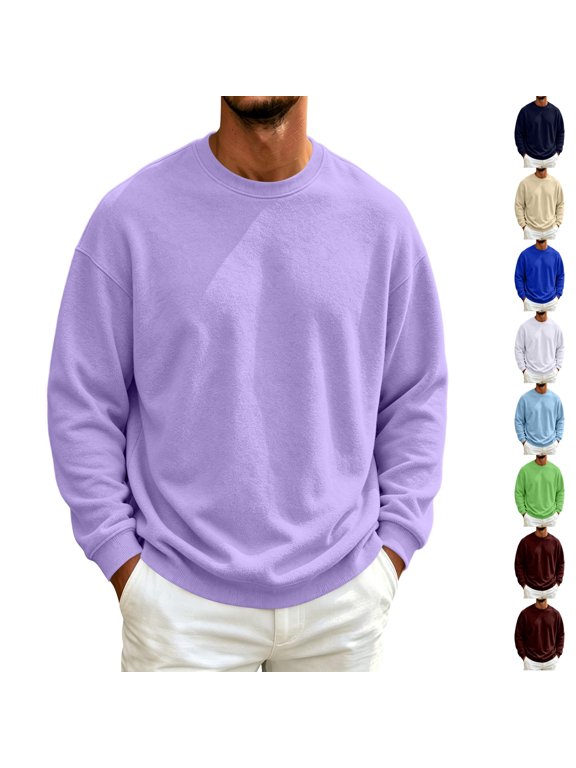 Crew Neck Sweatshirts Men Winter Warm Top Soft Ribbed Cuffs Pullover Fashion Solid Color Sweatshirt Light Purple M