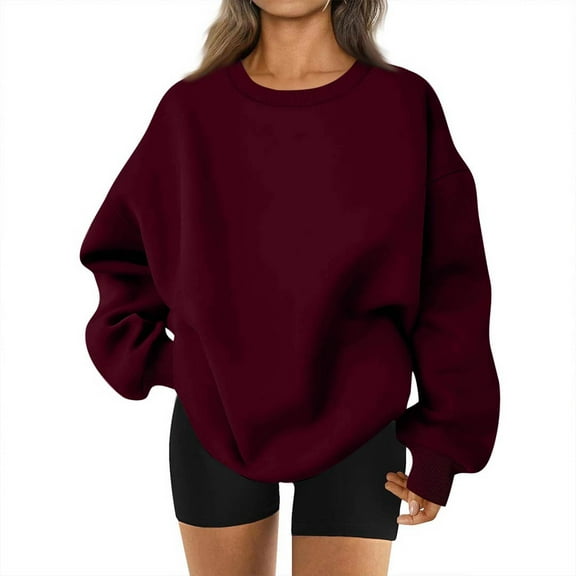 Dwellite Crewneck Sweatshirt for Women Oversized Long Sleeve Pullover Tops Winter Fall Outfits 2026 Fashion Clothes with Pocket Wine M