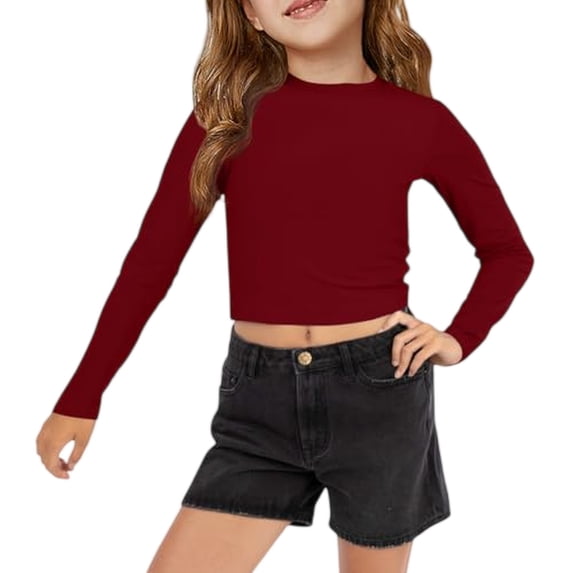 Dwellite Crop Tops Long Sleeve T Shirts for Kids Casual Trendy Crewneck Slim Fit Basic Tee Solid Color Shirts Wine 140