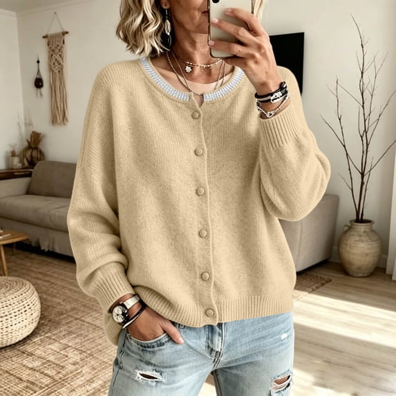 Dwellite Cropped Cardigan Sweaters for Women Button Down Knit Tops Office Wear 2026 Lightweight Y2K Open Front Cardigan Beige L