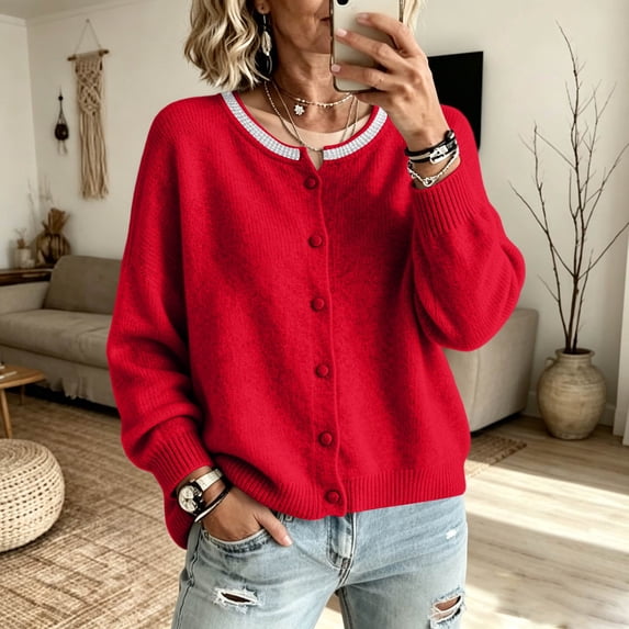 Dwellite Cropped Cardigan Sweaters for Women Button Down Knit Tops Office Wear 2026 Lightweight Y2K Open Front Cardigan Red L