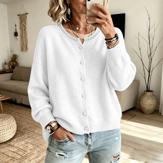 Dwellite Cropped Cardigan Sweaters for Women Button Down Knit Tops Office Wear 2026 Lightweight Y2K Open Front Cardigan White 2XL