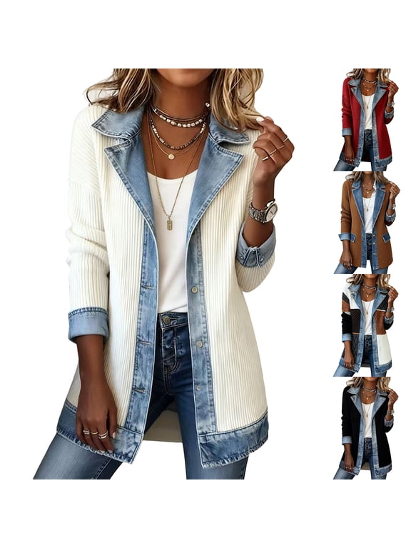 Denim Blazer for Women Patchwork Knit Denim Jacket for Women Fall Long Sleeve Collared Button Patchwork Jacket Black M