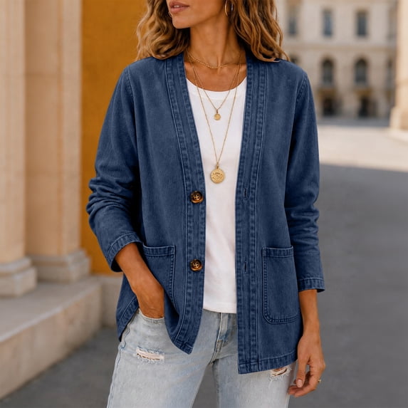 Dwellite Denim Cardigan for Women Lightweight Button Down Vneck Jean Jackets Fashion Long Sleeve Vintage V Neck Coat Dark Blue S