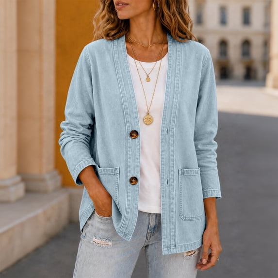 Dwellite Denim Cardigan for Women Lightweight Button Down Vneck Jean Jackets Fashion Long Sleeve Vintage V Neck Coat Light Blue L