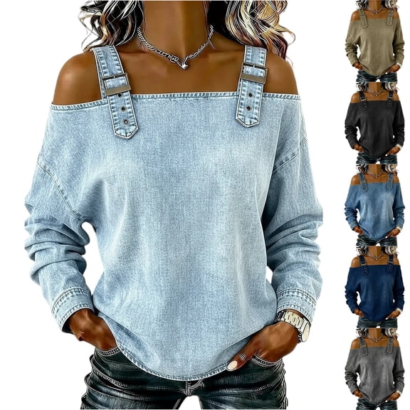 Dwellite Denim Cold Shoulder Tops for Women Casual Long Sleeve Adjustable Straps Off the Shoulder Strapless Jean Blouses Dark Blue L