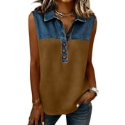 Dwellite Denim Shirt for Women Button Down V Neck Lapel Collar Casual Sleeveless Fashion Patchwork Western Blouses 2026 Light Brown L