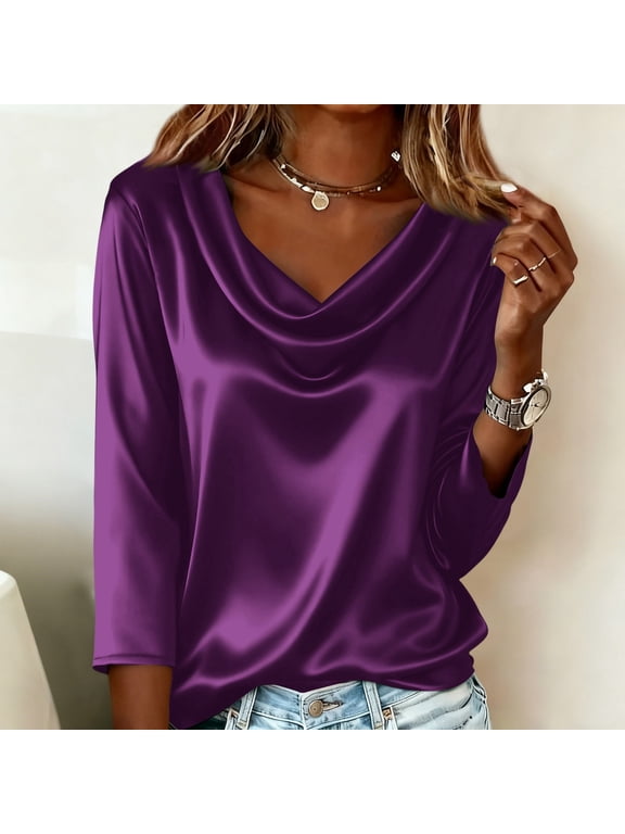 Dressy Tops for Women 3/4 Sleeve Business Work T Shirts Loose Fit Silk Satin Blouses Cowl Neck Spring Summer 2026 Light Purple XL