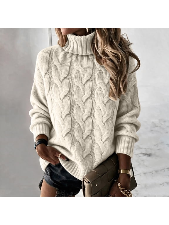 Fall Sweaters for Women Turtleneck Cable Knit Pullover Tops Winter Soft High Neck Trendy Casual Work Cute Long Sleeve Tops Beige S