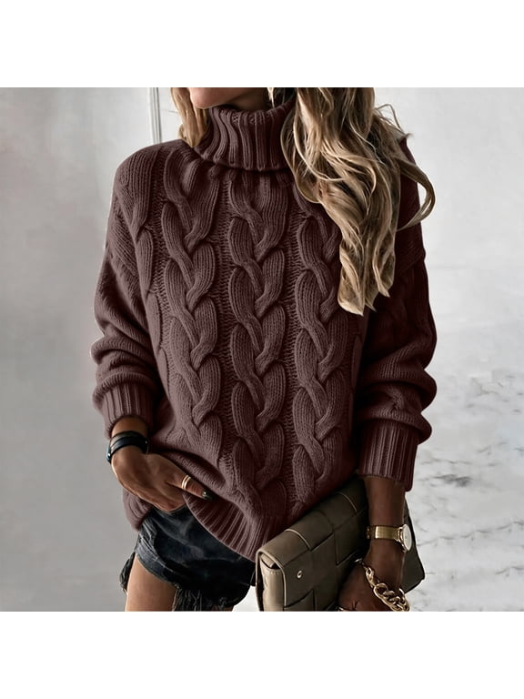 Fall Sweaters for Women Turtleneck Cable Knit Pullover Tops Winter Soft High Neck Trendy Casual Work Cute Long Sleeve Tops Coffee XL