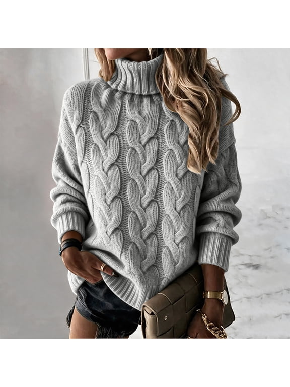 Fall Sweaters for Women Turtleneck Cable Knit Pullover Tops Winter Soft High Neck Trendy Casual Work Cute Long Sleeve Tops Gray XL