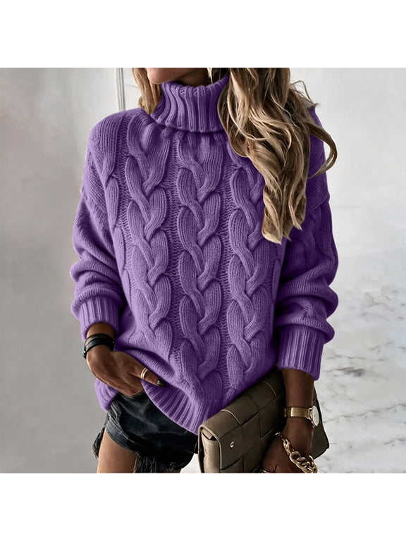 Fall Sweaters for Women Turtleneck Cable Knit Pullover Tops Winter Soft High Neck Trendy Casual Work Cute Long Sleeve Tops Purple L
