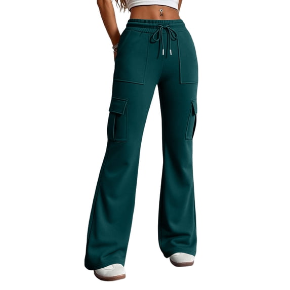 Dwellite Flare Pants for Women High Waisted Sweatpants with Pockets Casual Hiking Drawstring Trousers 2026 Dark Green S