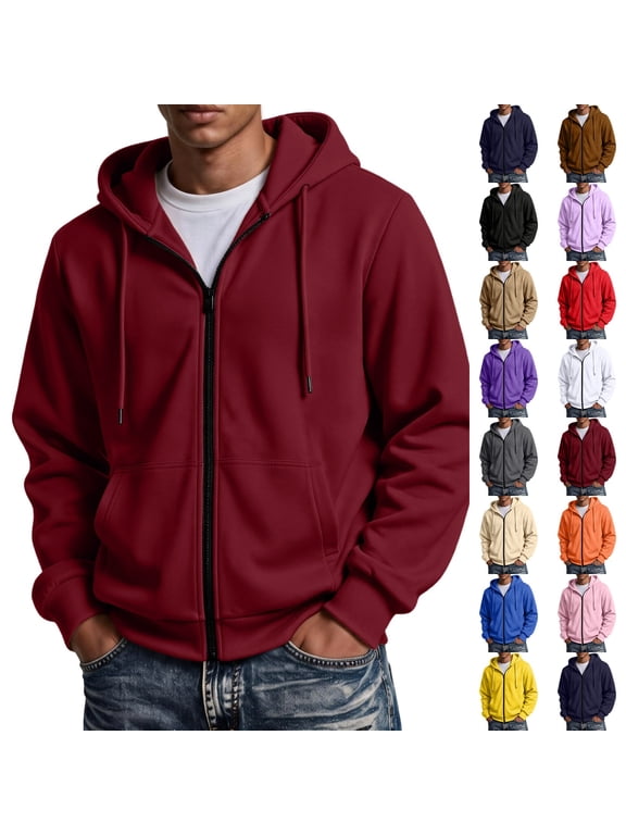 Full Zip Hoodies Men Oversized Hooded Sweatshirt Lightweight Warm Fashion Solid Color Hooded Sweatshirt with Pockets Wine S