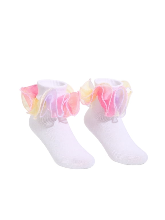 Girl's Ruffle Lace Socks Frilly Ruffled Socks Dress Socks Fancy School Uniform Socks Pink XXS