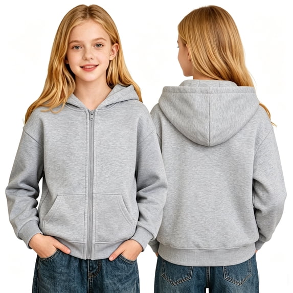 Dwellite Girls Lightweight Zip-Up Hoodie for Kids Soft Casual Hooded Sweatshirt with Pocket 5-15 Years Light Gray 120