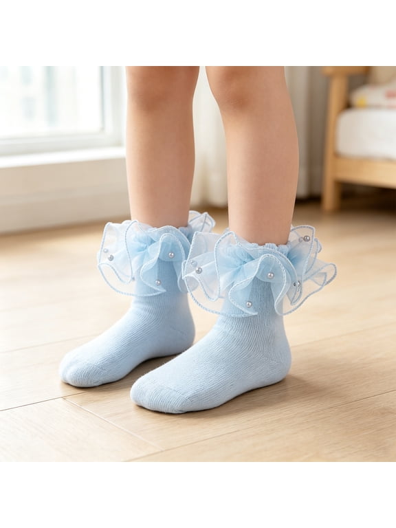 Girls Ruffle Lace Socks Pearls Frilly Ruffled Socks Dress Socks Fancy School Uniform Socks Light Blue L